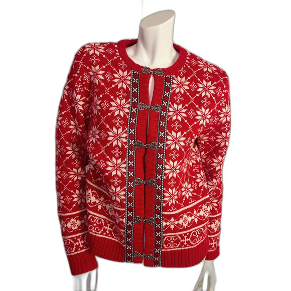 Vintage Sweaters - Vintage Lamb's Wool Casual Corner Fair Isle Sweater Cardigan Snowflakes Size S